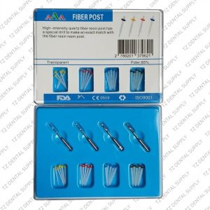 High-intensity quartz dental fiber post kit with 20 posts and 4 drills for endodontic restoration at TZ Dental Supply.